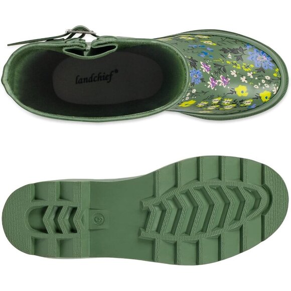 Women's Blossom Green Waterproof Tall Knee High Rubber landchief Rain Boot - Picture 4 of 6